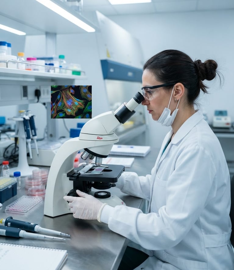 Científico en un laboratorio estéril examinando muestras en un microscopio, con enfoque en biotecnología aplicada a la salud animal, iluminación clínica brillante, tonos fríos.