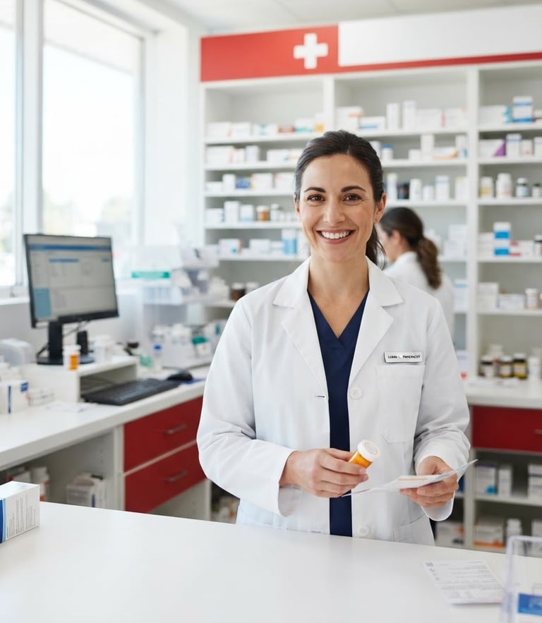 Professional pharmacist in a clean white coat smiling warmly in a bright modern pharmacy, natural daylight, sharp focus, clinical white and red tones