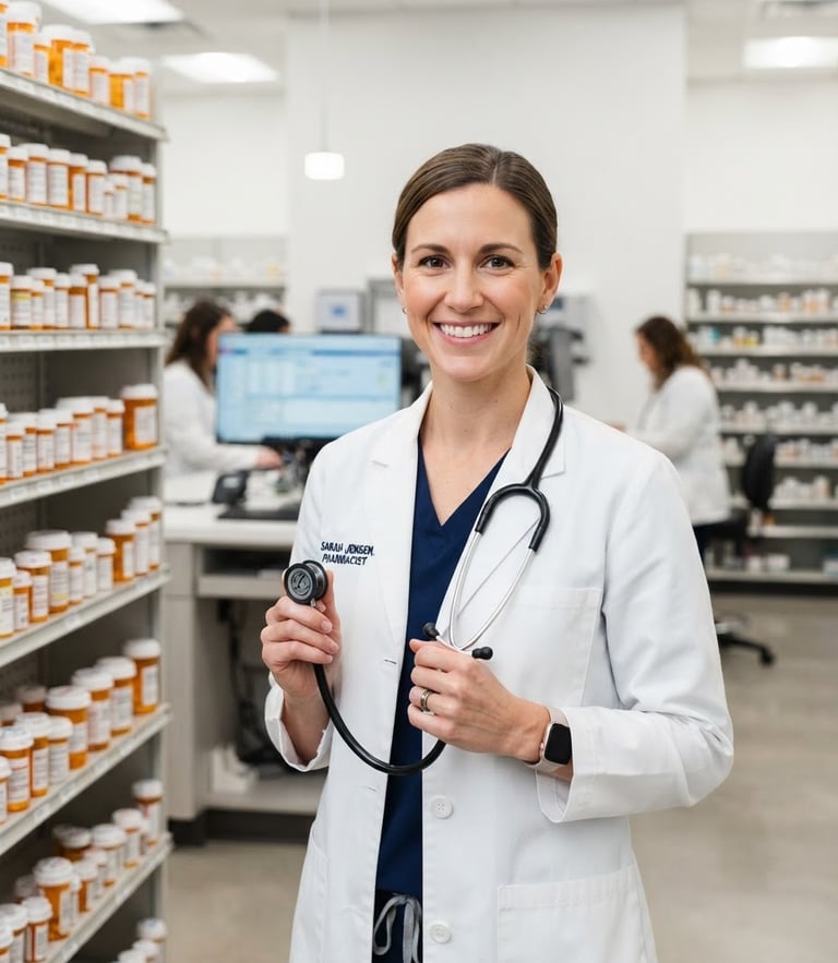 Professional pharmacist in a clean white coat holding a stethoscope, bright clinical pharmacy background, crisp neutral studio lighting