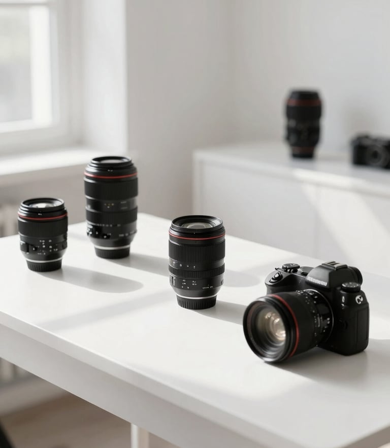Bright high-key photography studio workspace with high-end camera equipment, lenses on a clean white table, crisp direct sunlight casting geometric shadows, 35mm lens