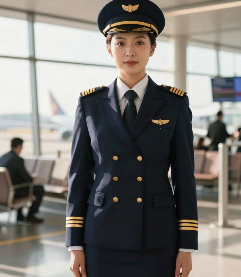 Immaculate commercial pilot in uniform standing in a bright, modern airport terminal, direct eye contact, sharp focus, 35mm editorial photography, golden hour light.