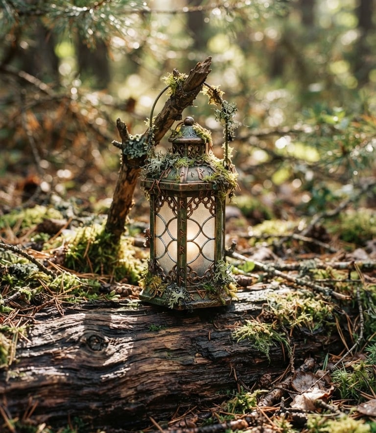 A hand-painted 3D printed fantasy lantern with moss accents, placed on a weathered oak log, warm dappled sunlight filtering through pine needles, macro shot, shallow depth of field