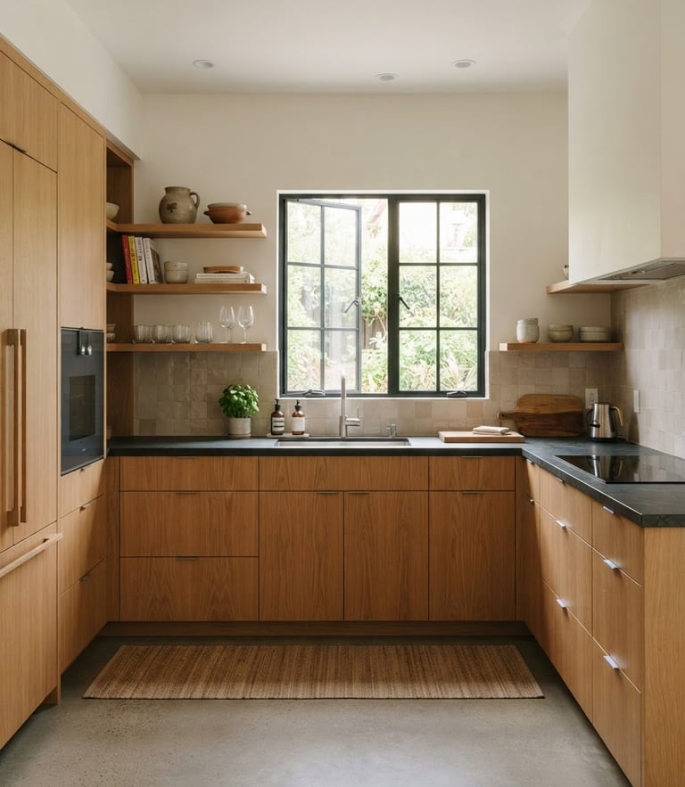 Straight-on architectural shot of a modern kitchen renovation, warm oak cabinetry, clean slate countertops, natural bright window light, sharp focus, 35mm