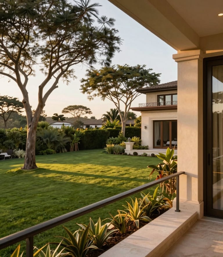 A warm golden hour view of a luxury villa balcony overlooking lush green lawns and young sandalwood trees, evoking peaceful luxury.