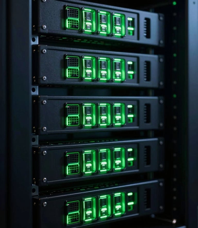 Macro shot of glowing green server nodes in a dark server rack, high-contrast neon accents, deep shadows, terminal dashboard aesthetic