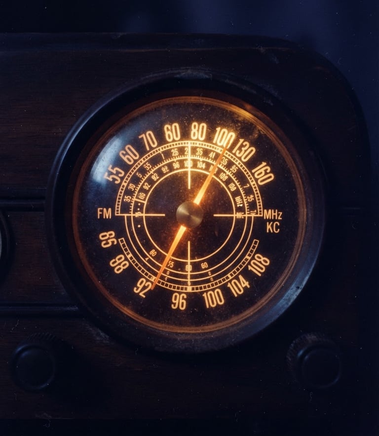 Extreme close-up of a vintage backlit radio dial glowing with warm marigold tungsten light, dust particles visible in the air, deep indigo shadows, 35mm film grain