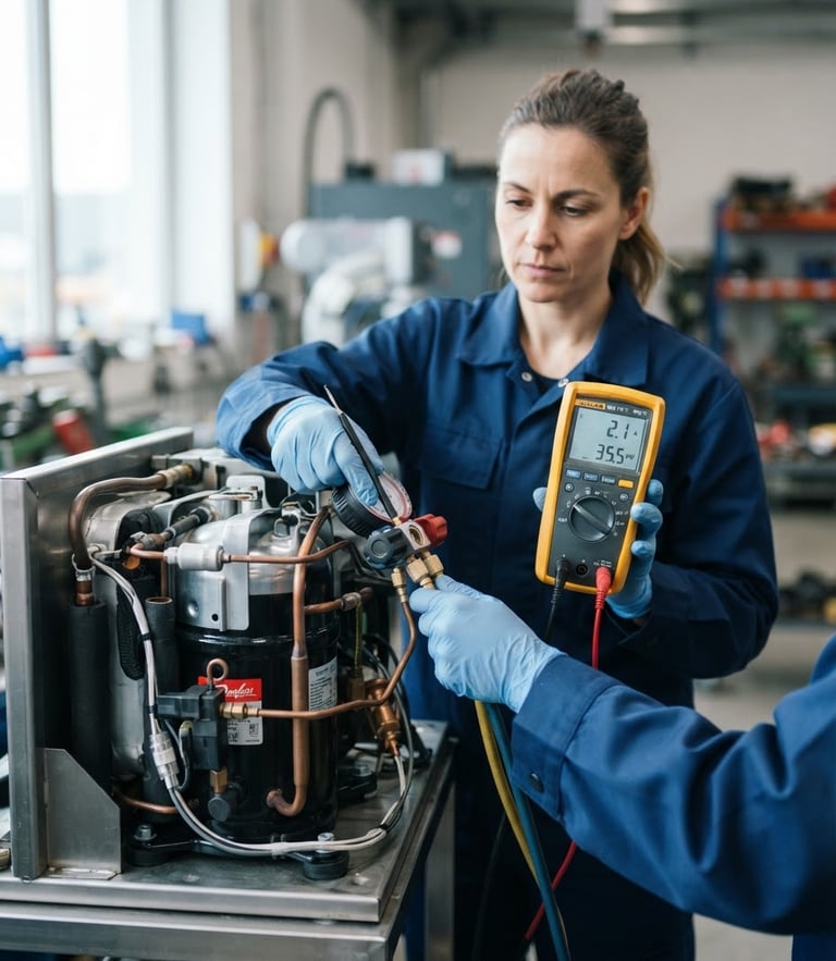 Close-up of a professional technician in a clean uniform using digital diagnostic tools on a high-performance refrigerator compressor, bright daylight, cool metallic tones, 35mm lens.