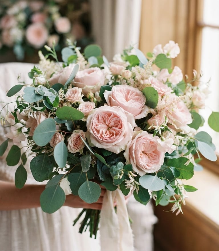 Close-up portrait of a luxury bouquet with pale pink roses and sage green eucalyptus leaves, soft natural window light, elegant editorial photography, 85mm