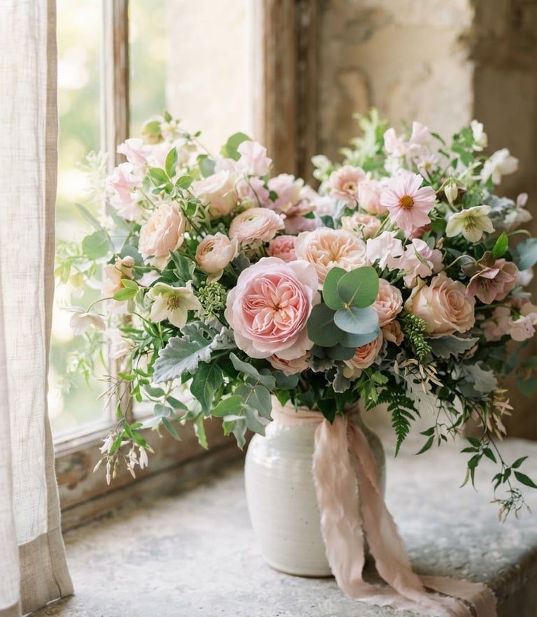 Elegant editorial photography of a single-source luxury bouquet with soft natural window light, pastel pink and sage green tones, shallow depth of field, 85mm