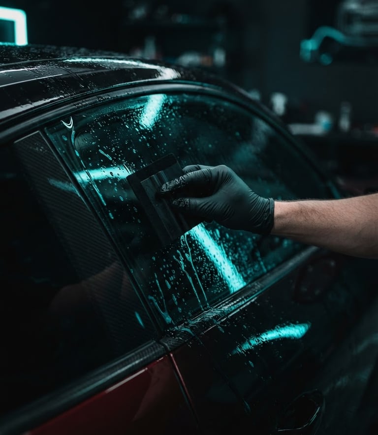 Moody automotive photography, close-up of a hand applying a dark nanoceramic window film to a sports car window, neon-cyan highlights reflecting off wet glass, 35mm.