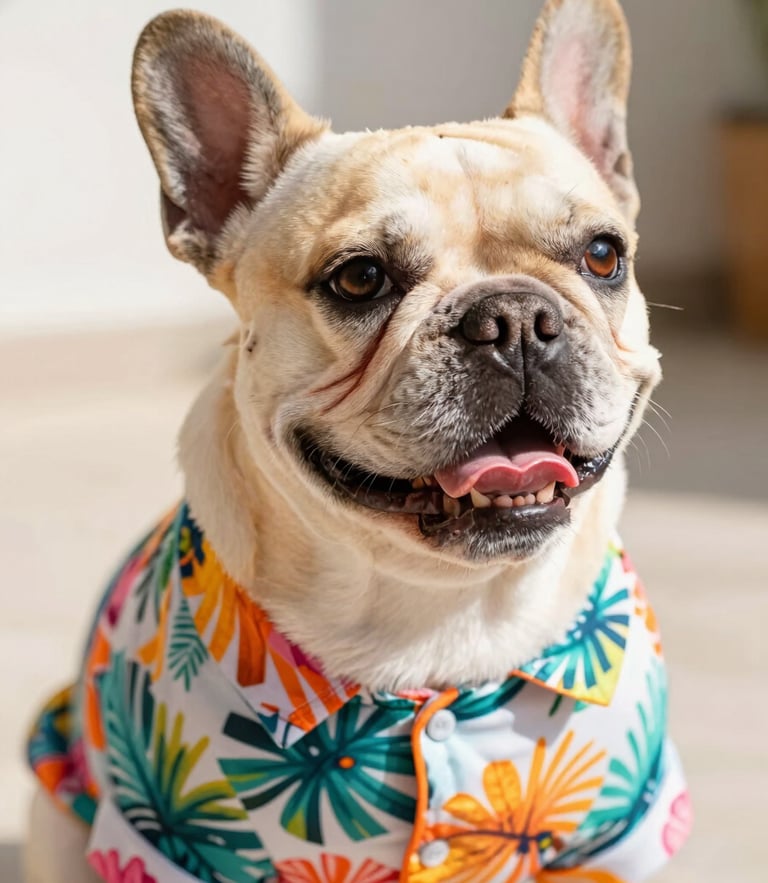 Eye-level portrait of a happy French Bulldog wearing a colorful tropical print shirt, sitting in bright warm daylight, shallow depth of field