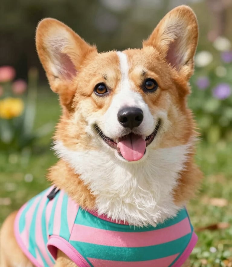 Vibrant eye-level portrait of a happy fluffy corgi wearing a colorful handmade teal and pink striped shirt, bright natural daylight, soft garden background