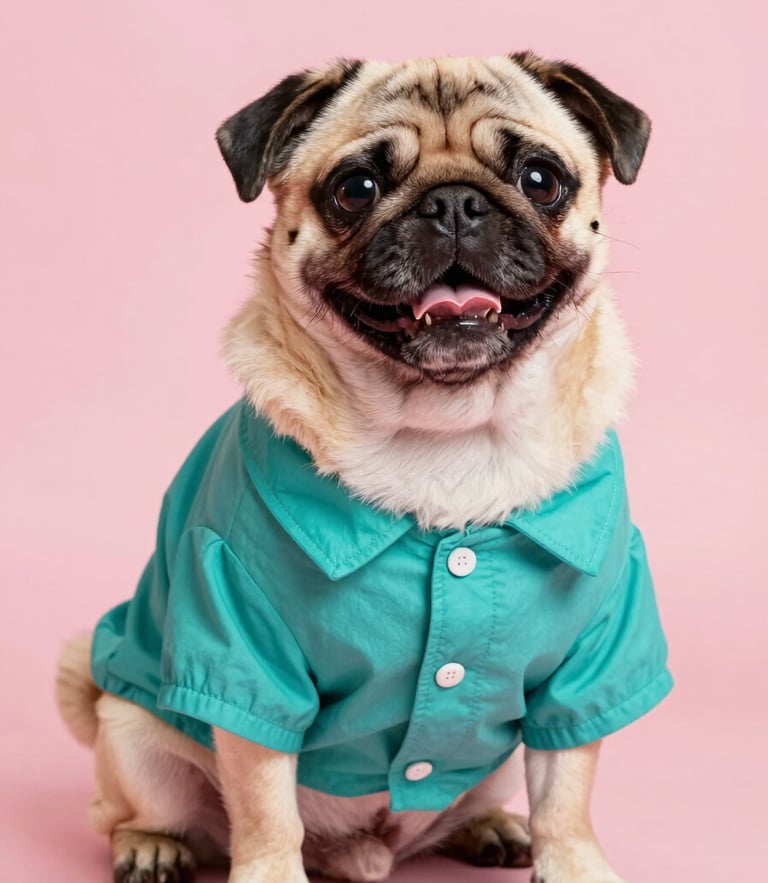 Eye-level portrait of a happy pug wearing a custom teal summer shirt, bright cheerful studio lighting, solid pink background