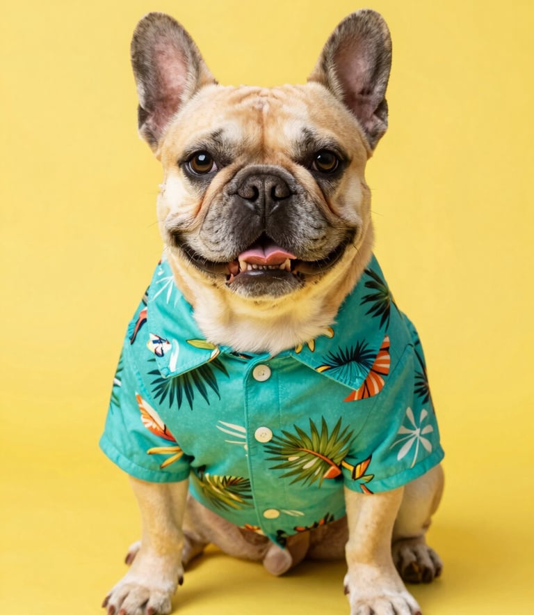 A cheerful French Bulldog wearing a vibrant teal tropical print shirt, sitting proudly on a bright yellow backdrop, studio portrait, 85mm lens