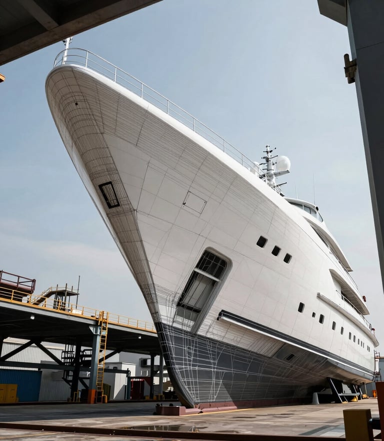 A high-contrast architectural CAD wireframe of a modern superyacht hull overlaying a physical steel structure in a dry dock, cool-toned lighting, geometric framing.