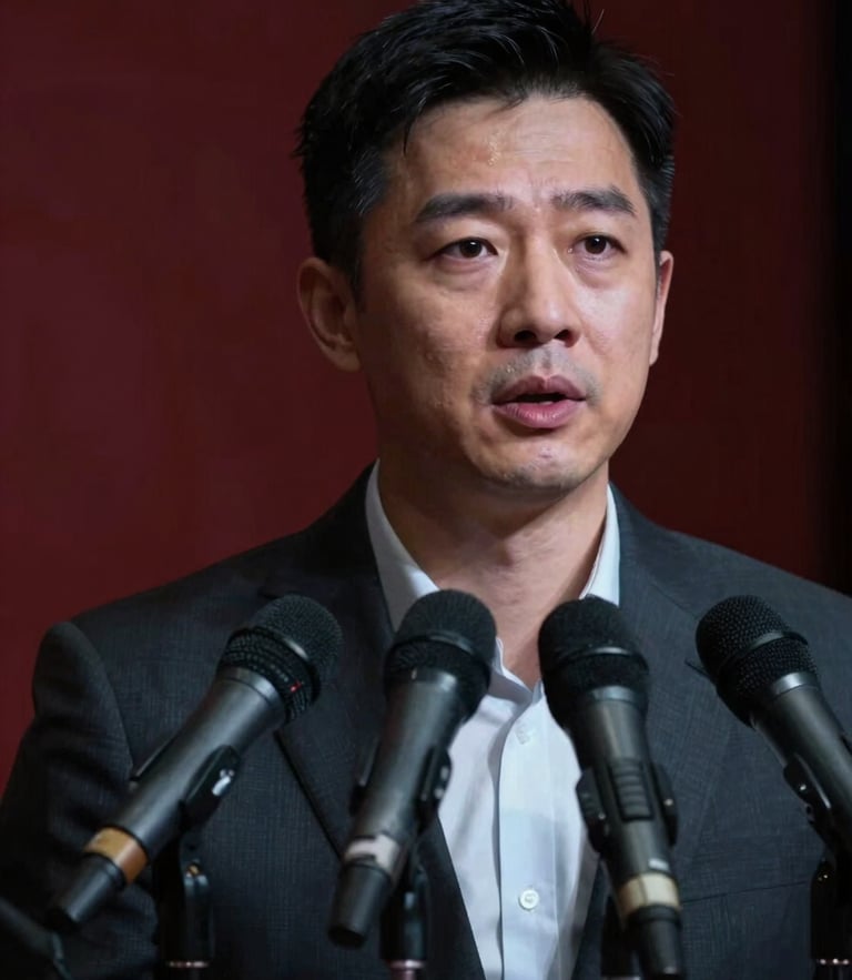 Dramatic close-up of a focused corporate spokesperson speaking into a cluster of microphones, high-contrast cool screen-glow lighting, shallow depth of field, 35mm