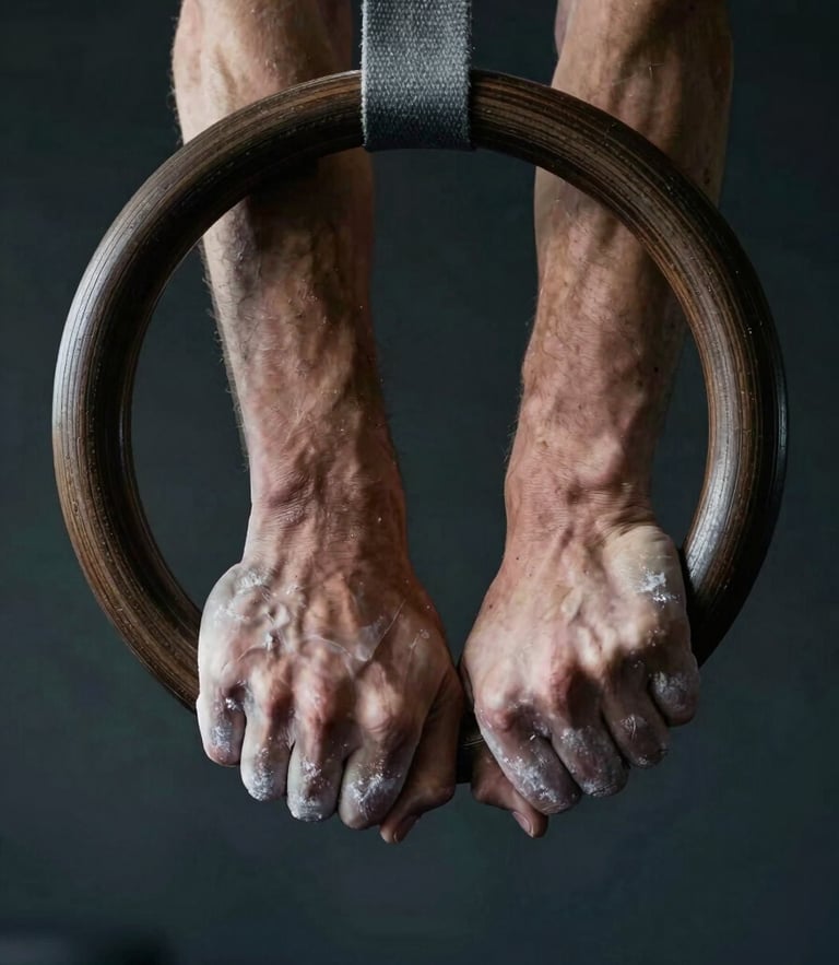 Close-up of chalked hands gripping a dark wooden gymnastic ring, soft side lighting, moody dark background, shallow depth of field.