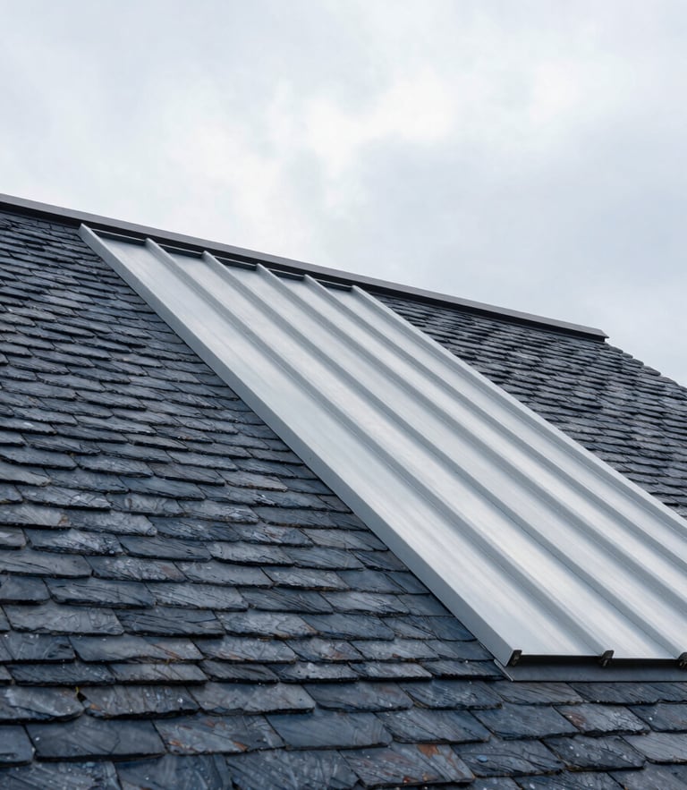 Architectural photography of a perfectly aligned slate roof with custom zinc work, sharp lines against a soft overcast Geneva sky, high-end Swiss design style, 35mm lens.
