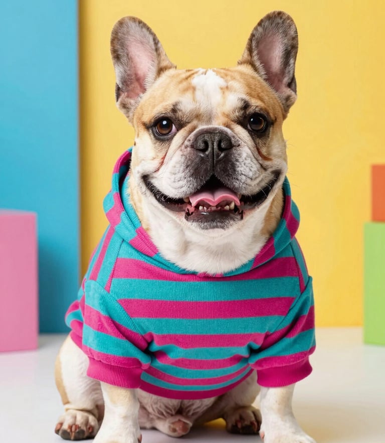 A happy French Bulldog wearing a colorful handmade teal and magenta striped hoodie, sitting proudly in a bright studio with high-key lighting, 50mm lens