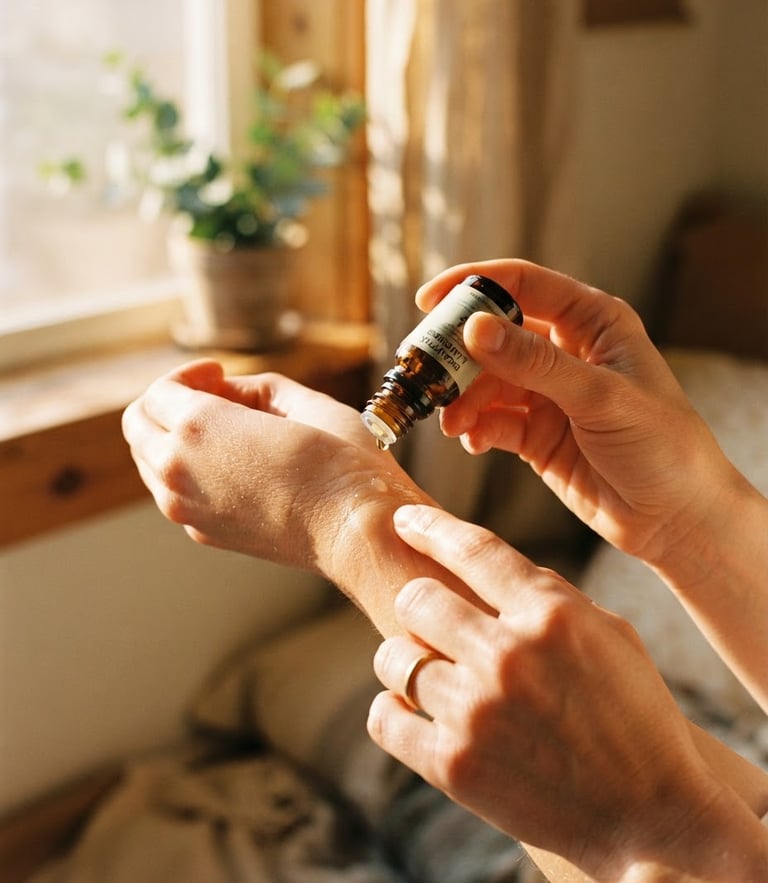 Close-up macro shot of hands gently applying essential oil to a wrist, warm golden-hour sunlight streaming through a window, soft shadows, 35mm film.