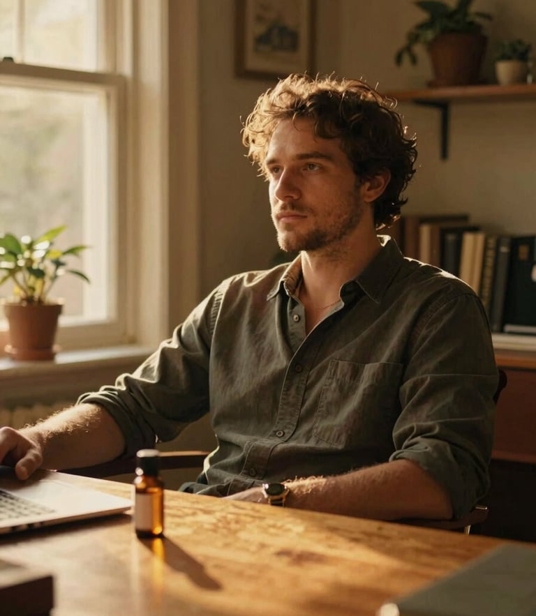 Warm editorial portrait of a relaxed man in a sunlit home office, a small amber bottle of essential oil on the wooden desk, golden hour glow.