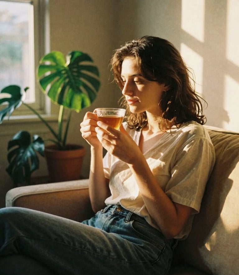 Portrait of a serene woman sitting in a cozy sunlit living room corner, holding a cup of tea, warm golden-hour light, 35mm film.