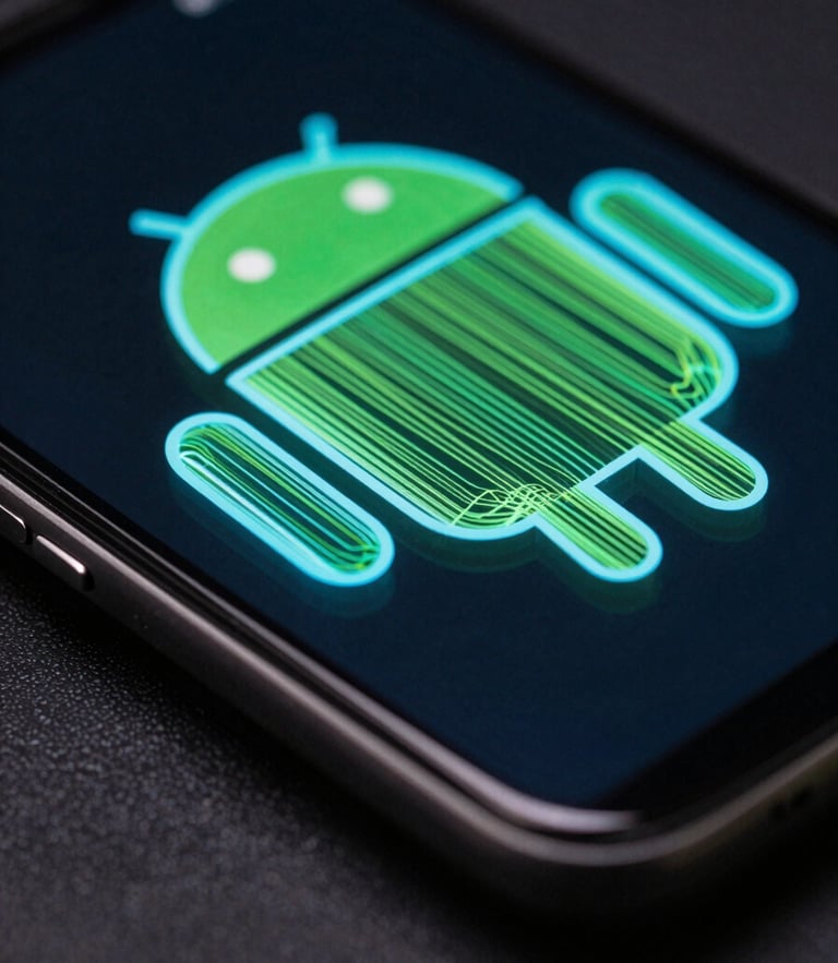 Extreme macro close-up of a physical Android flagship screen displaying glowing cyan and green vector wireframes in a dark room, high contrast, sharp focus on tactile UI elements.