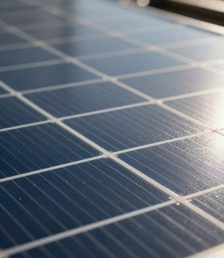 Extreme close-up of a heavy-duty monocrystalline solar cell, highlighting the metallic grid lines and technical precision under direct midday sunlight.