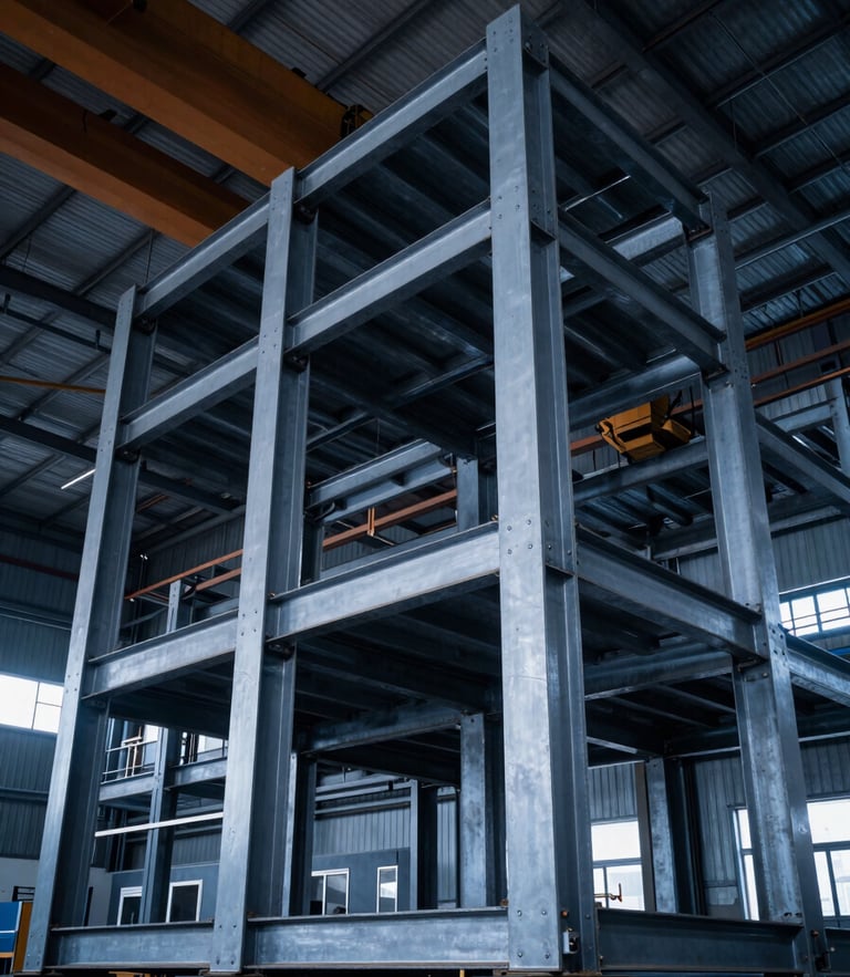 Low-angle shot of massive structural steel frames inside a high-ceiling industrial fabrication shop, overhead gantry crane, cool blue tones, 35mm lens