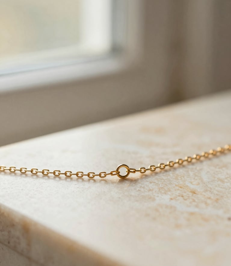 Macro close-up of a delicate gold chain resting on a warm alabaster surface, soft morning window light, shallow depth of field, 35mm