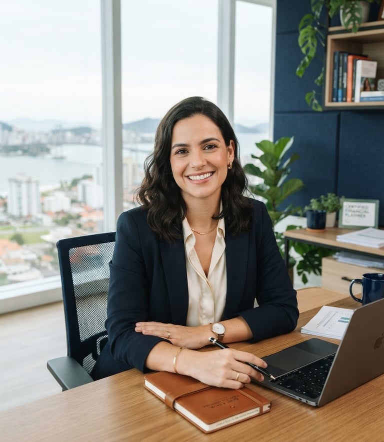 Professional portrait of a modern financial advisor in a bright Florianópolis office, soft coastal daylight, navy accents, warm smiling expression, medium shot