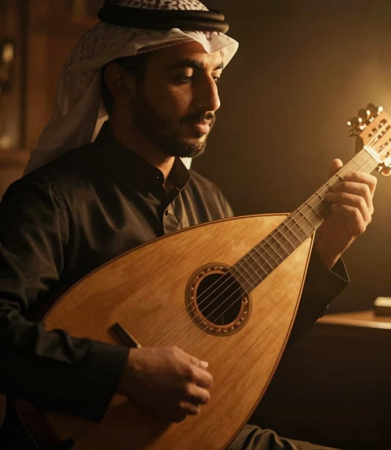 A dramatic low-key close-up portrait of an Arab musician holding an oud, warm neon amber backlight reflecting on dark wood, cinematic depth of field, 21:9 feel