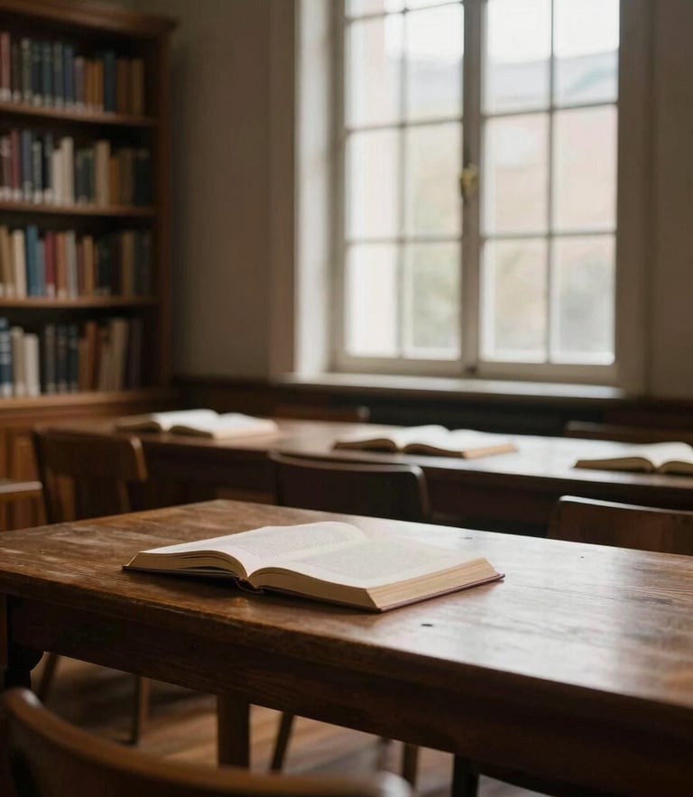 A quiet, warm-lit library room with wooden tables, soft daylight filtering through tall windows, highlighting open books and a calm atmosphere.