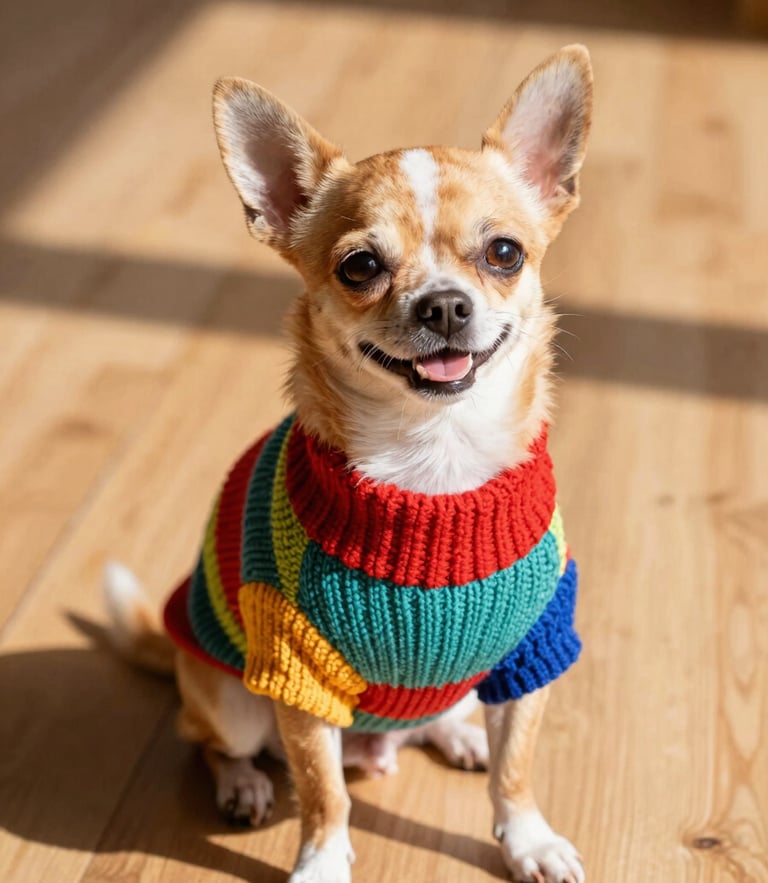 A happy small chihuahua wearing a colorful custom-made knit sweater, sitting comfortably on a warm wooden floor, bright natural daylight, colorful high-contrast tones.