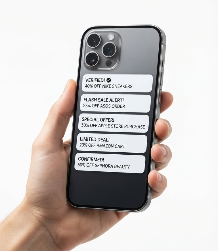 Premium clean smartphone mockup on a stark white background, displaying verified discount notifications with soft studio lighting.