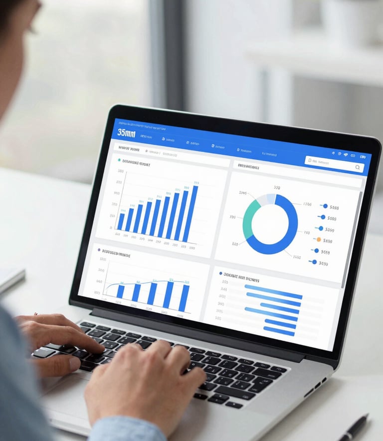 A professional medium-close up of a business owner reviewing a clean financial dashboard on a sleek laptop, bright natural office daylight, cool blue and slate tones, shallow depth of field, 35mm