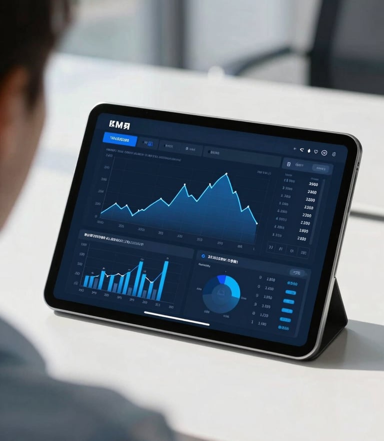 Over-the-shoulder shot of a modern financial dashboard on a tablet, bright natural daylight, cool blue tones, shallow depth of field
