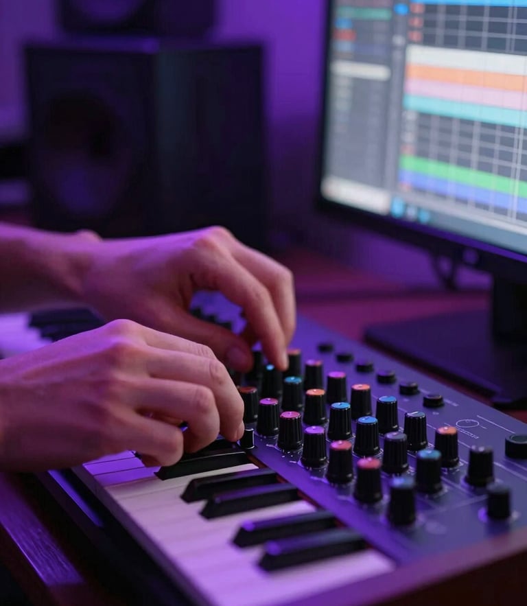 Tight close-up of hands tweaking a hardware synthesizer knob, bathed in high-contrast neon purple ambient light from a DAW screen in a dark bedroom studio.