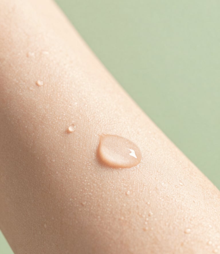 Macro close-up of clean skin with soft natural morning light, gentle water droplets, fresh sage green background, depth of field