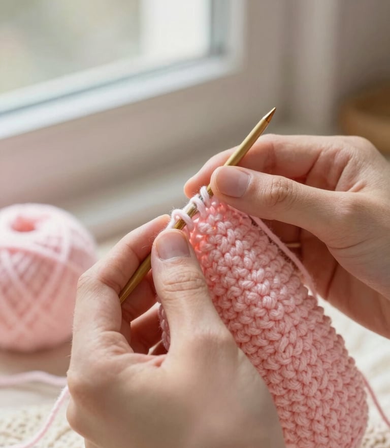 Close-up of hands crocheting a soft pastel pink amigurumi with wooden needles, warm natural window light, cream yarn texture