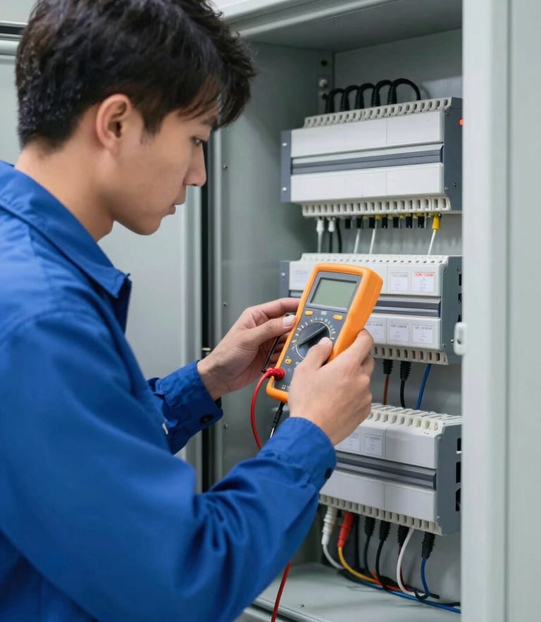 Professional technician in a clean blue uniform inspecting a complex electrical control panel, hands using a digital multimeter, crisp focus, bright indoor lighting, 35mm