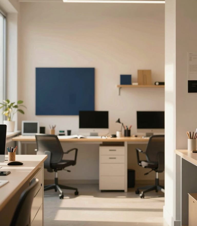 Straight-on architectural shot of a modern, organized creative studio, bright natural daylight with warm golden undertones, clean lines, shallow depth of field