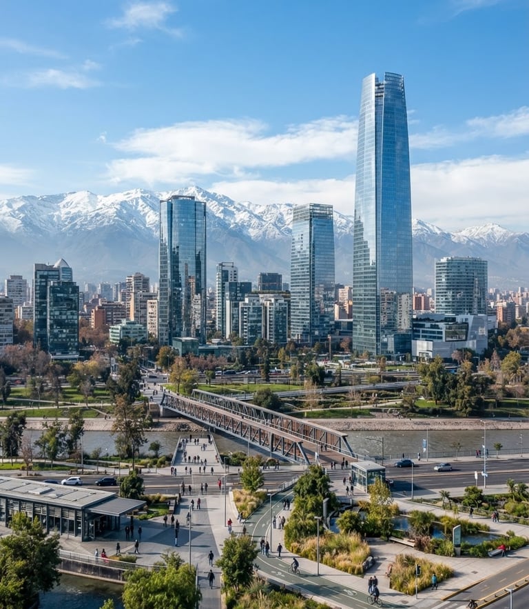 Wide-angle architectural photography of modern Santiago skyline under crisp daylight, glass towers reflecting cool blue sky, sustainable urban infrastructure in the foreground.