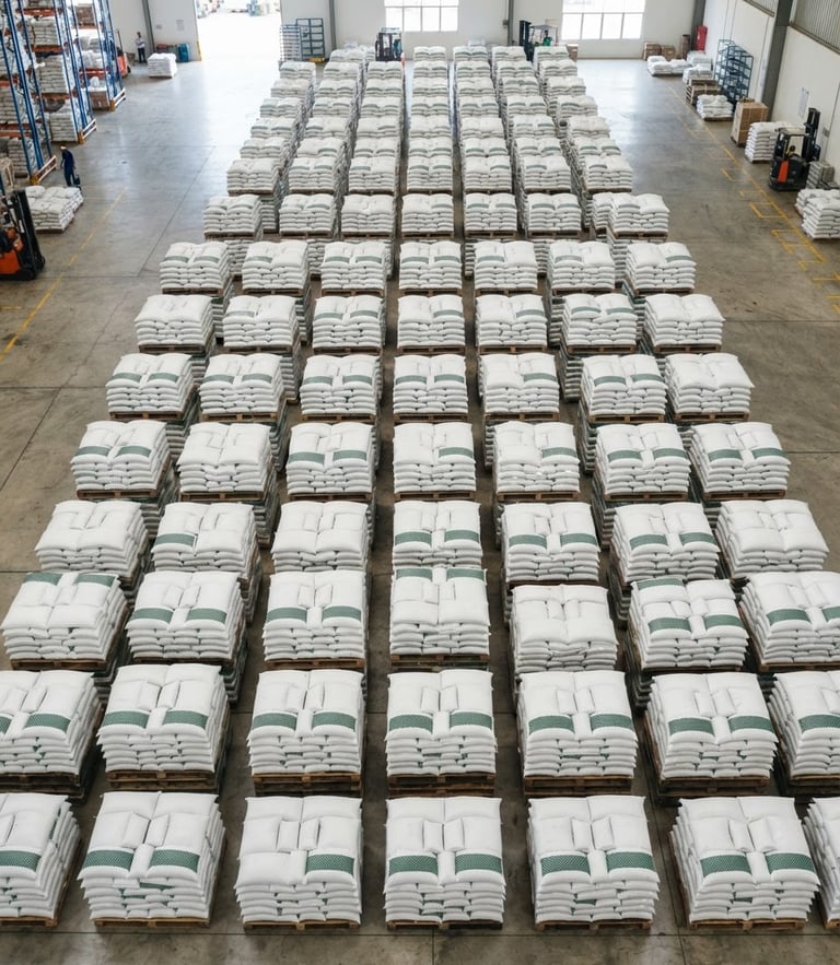 Geometric overhead shot of neatly stacked export-ready pallets of desiccated coconut in a bright, modern Indonesian shipping facility, clean industrial photography, natural daylight, crisp white and deep green tones, sharp macro detail, 50mm lens