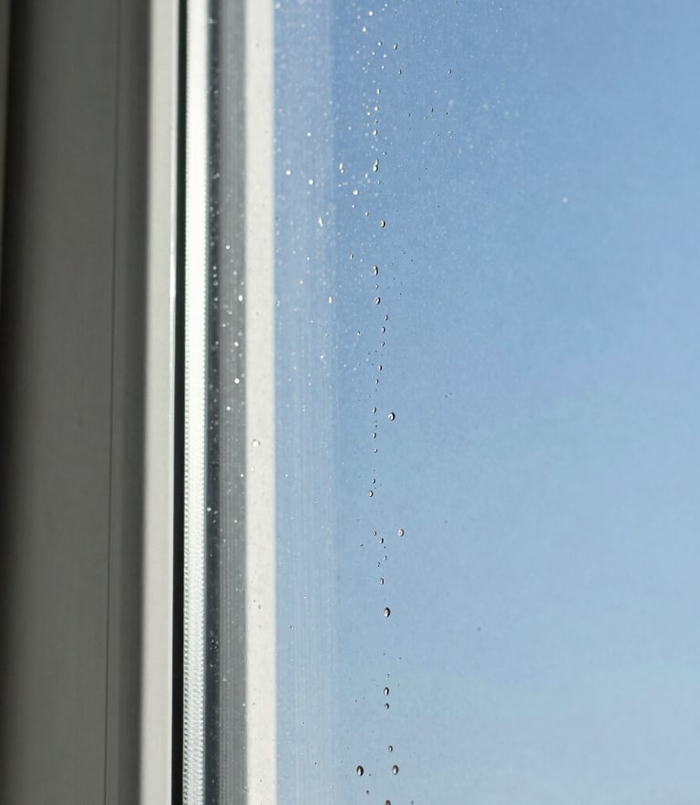 Macro shot of pure water sheeting off a clean window pane, bright morning sunlight catching the edge of the glass, high contrast detail, 35mm lens