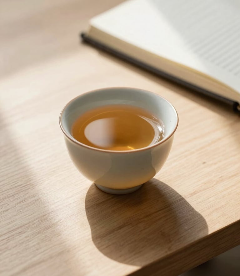 A close-up of a single ceramic cup of tea resting on a clean, light-filled wooden table beside an organized, closed linen notebook, soft morning light casting long gentle shadows.
