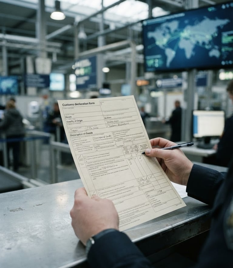 Close-up of a customs declaration form being reviewed, with a blurred background of global trade routes and digital interfaces, cool industrial lighting, sharp focus.