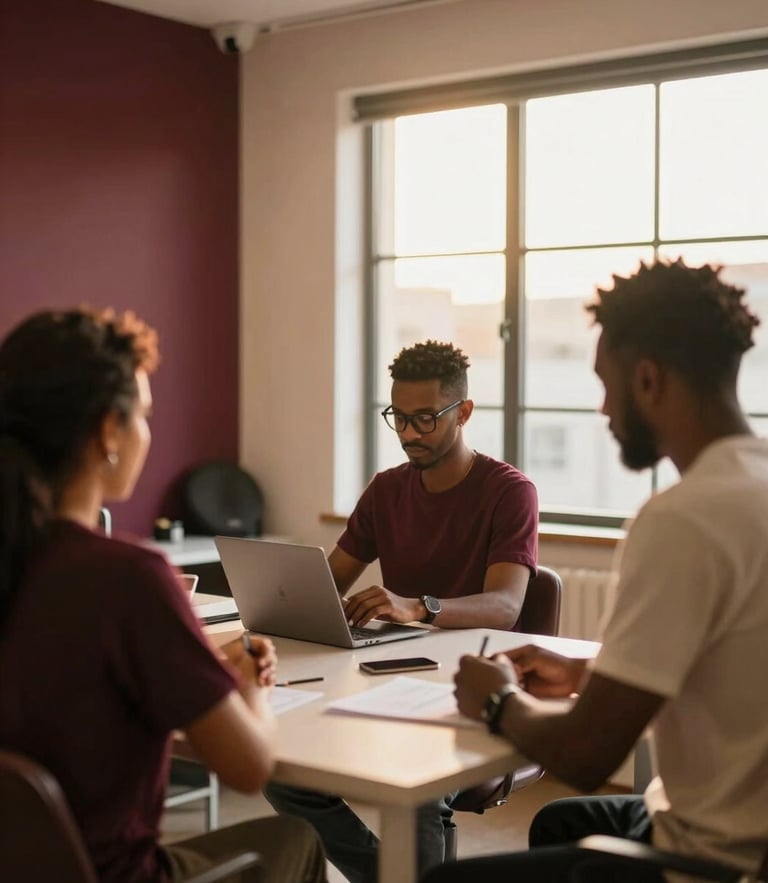 A professional creative team collaborating in a sunlit, modern Luanda studio, warm golden hour window light, rich bordeaux accents, shallow depth of field, 35mm