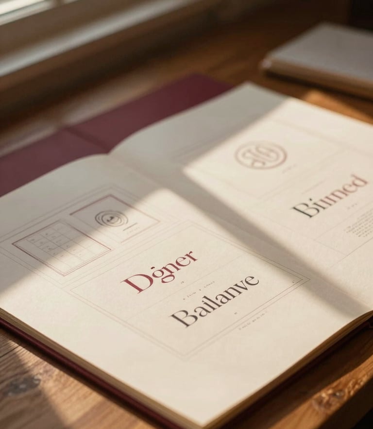 A close-up of a designer sketching brand layouts on a wooden desk, warm golden-hour window light casting soft shadows, rich bordeaux and cream tones, shallow depth of field, 35mm photography.