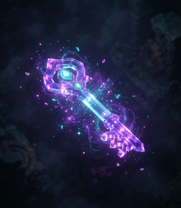 3d render, isolated floating crystal key glowing with purple and cyan particle effects, dark atmospheric background, sharp focus, isometric perspective
